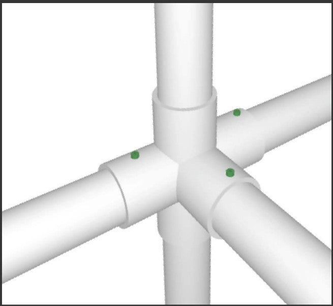 White PVC 5-way cross connector fitting joining four white pipes, secured with small green pins.