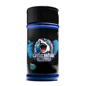 Blue 1oz plastic jar of Plant Success Great White mycorrhizae featuring a shark logo on a black label.