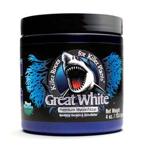 A 4 oz dark blue jar of Great White mycorrhizae featuring a shark logo and blue root-like graphics on the label.