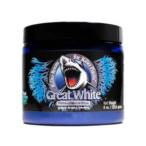 8 oz blue plastic jar with black lid featuring a shark logo and label for plant mycorrhizae.
