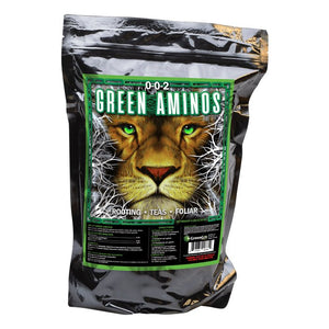 Black 5lb bag of Green Aminos plant nutrient with a green label featuring a lion's face and usage instructions.