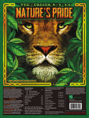 Bag of Nature's Pride Veg fertilizer featuring a lion face graphic, biochar, mycorrhizae, and full label details.