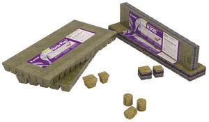 Grodan rockwool starter plugs and mini-blocks with purple branding, shown as sheets and individual loose cubes.
