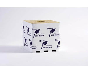 Square Grodan stone wool grow block in white plastic wrap with blue leaf logo and branding on a white background.