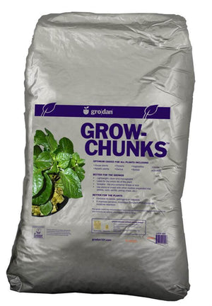 Large silver bag of Grodan Grow-Chunks with product benefits, plant usage list, and an image of a potted plant.
