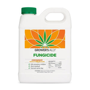 White 1-quart jug of Grower's Ally Fungicide with a green cap, featuring a floral leaf logo and product benefits.