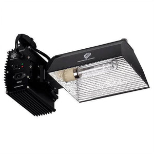 Grower’s Choice grow light with black housing, ribbed reflector, and installed glass bulb angled against white.