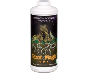 One-quart white bottle of Growth Science Organics Root Magic (0-0-4) plant supplement with tree root illustration.