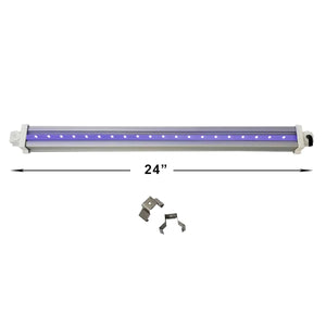 24-inch silver LED grow light bar with purple diodes, shown with two mounting clips on a white background.