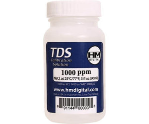 White 3oz bottle of HM Digital 1000 ppm TDS calibration solution with blue label and barcode.