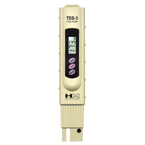 Beige HM Digital TDS-3 handheld tester for measuring water purity and temperature in hydroponic gardening.