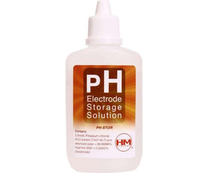 Clear plastic bottle of HM Digital pH electrode storage solution with orange label and white screw-top dispenser.