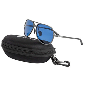 Aviator-style sunglasses with blue lenses and gray frames, resting on a black zippered protective case with a clip.
