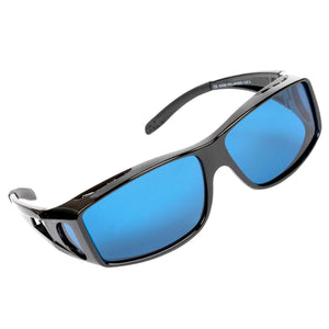 Black wrap-around grow glasses with reflective blue polarized lenses, viewed from a high angle against white.