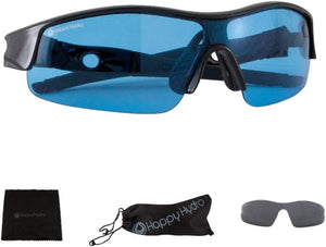 Blue-tinted safety glasses with black frames, a microfiber cloth, carry pouch, and interchangeable dark lenses.