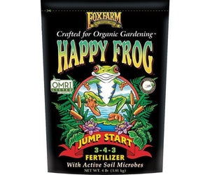 Black 4lb bag of FoxFarm Happy Frog Jump Start 3-4-3 organic fertilizer with a frog mascot illustration.