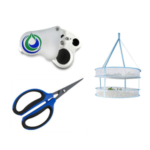 Jeweler's loupe, blue-handled trimming scissors, and a two-tier white mesh hanging drying rack on a white background.