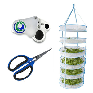 A white loupe, blue-handled trimming scissors, and a 6-tier mesh hanging herb drying rack.