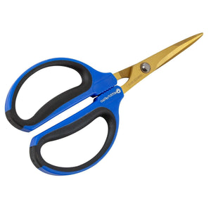 Blue and black ergonomic trimming scissors with gold-tone stainless steel blades and Happy Hydro branding.