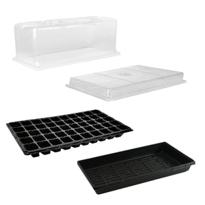 Seed starting kit with tall clear humidity dome, flat lid, 50-cell black insert tray, and base propagation tray.
