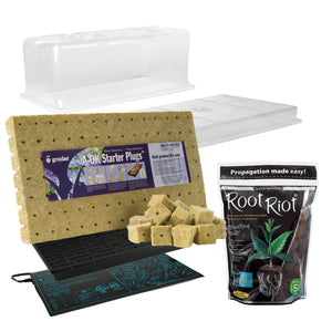 Grodan starter plug sheet, propagation tray, clear humidity dome, heat mat, and a bag of Root Riot plant cubes.