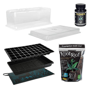 Propagation kit with heat mat, black tray, insert, two humidity domes, Clonex rooting gel, and Root Riot plant cubes.