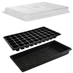 Seedling starter kit with clear humidity dome, 50-cell black insert tray, and a solid black base tray.