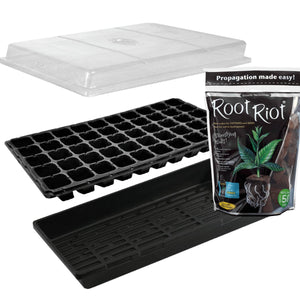 Seedling kit with clear dome, 50-cell black propagation tray, base tray, and 50-count Root Riot organic starter cubes.