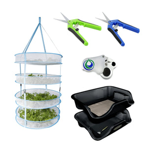 Four-tier mesh drying rack, two pruning shears, a jeweler’s loupe, and a black trim bin with a small brush.