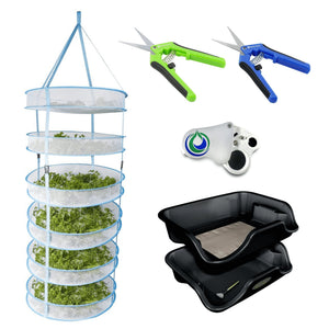 Hanging 6-tier drying rack with herbs, green and blue pruning shears, a jeweler's loupe, and two black trimming trays.