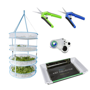 Four-tier drying rack, green and blue pruning shears, a pocket magnifier, and a Kief Collector tray.