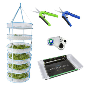 Six-tier hanging herb drying rack, two spring-action trimming shears, a pocket magnifier, and a white kief tray.