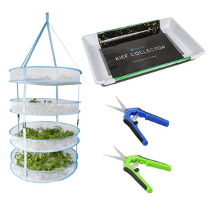 Four-tier blue mesh drying rack, kief collector tray, and two spring-action trimming shears on a white background.