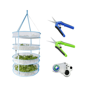 Four-tier herb drying rack, blue and green pruning shears, and a small handheld loupe magnifying glass.