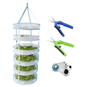 Six-tier blue mesh drying rack with herbs, blue and green trimming scissors, and a handheld magnifying loupe.
