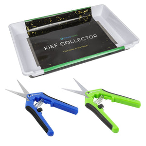 White kief collector tray with black branding and two spring-loaded trimming shears in blue and bright green.
