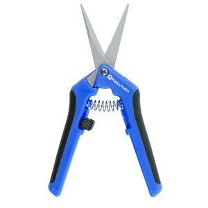 Blue and black garden shears with pointed steel blades, a tension spring, and a locking safety mechanism.