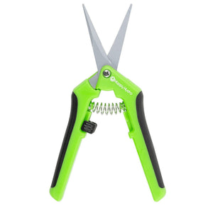 Green and black pruning shears with sharp pointed blades, center spring, and safety lock against a white background.