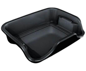 High-angle view of a rectangular black plastic tray with molded edges and a recessed drain area.