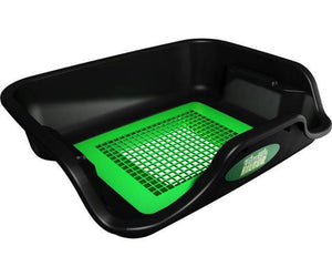 Black ergonomic trim tray with a bright green square grid filter insert and a front brand label.