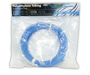 Coiled blue polyethylene tubing for QuickConnect fittings in a retail plastic bag with header card.