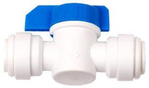 White plastic push-to-connect ball valve with a blue rotating handle, side view showing flow direction arrow.