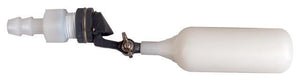 White plastic float valve assembly with black joint, metal wing nut, and barbed inlet fitting on white background.