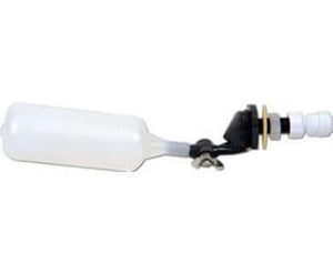 White cylindrical float valve with black adjustable arm, wing nut, and threaded mounting hardware on a white background.