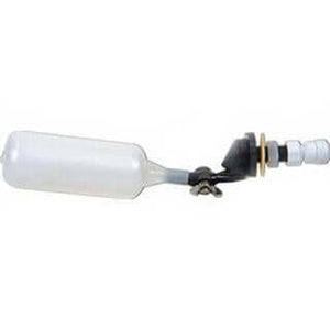 White plastic float valve with adjustable arm, black mounting hardware, and threaded metal connector on white background.