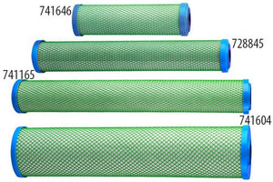 Four cylindrical water filters of varying lengths with green mesh netting and blue plastic end caps.