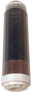 Cylindrical water filter cartridge with a clear housing, showing black and brown granular media inside.