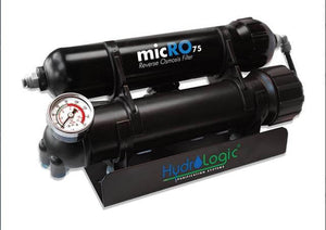 Black micRO 75 reverse osmosis filter system with a mounted pressure gauge on a HydroLogic metal wall bracket.