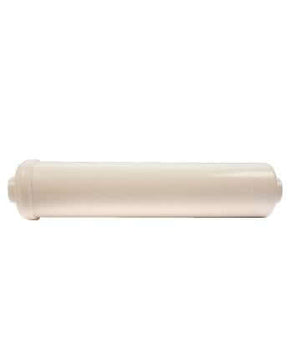 A white, cylindrical water filter cartridge lying horizontally on a plain white background.