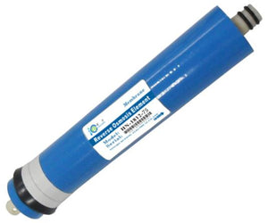 Blue cylindrical reverse osmosis membrane filter with white label, o-ring fittings, and model info on white background.